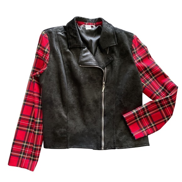 Nygard Collection Jackets & Blazers - Nygard Womens Black Faux Suede Moto Jacket Red Plaid Sleeves Size L Mixed Media